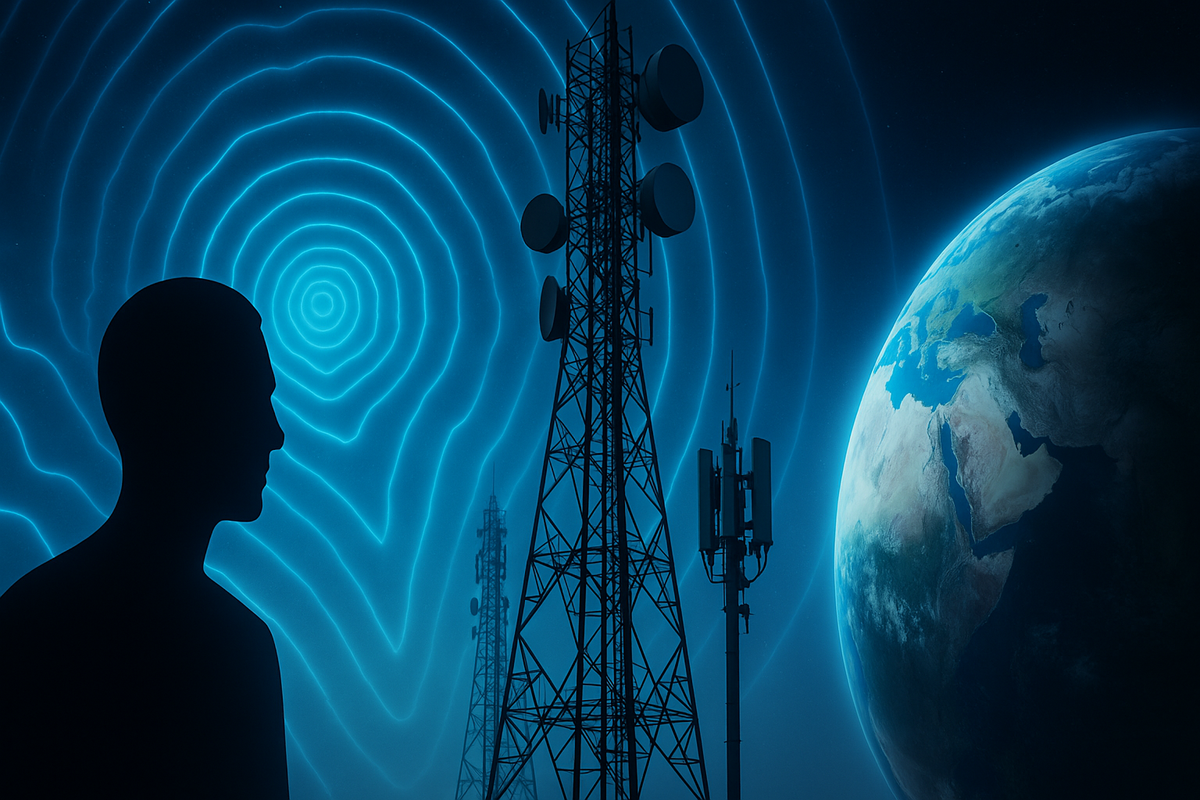 Person silhouette observing EMF radiation from cell towers against Earth, representing the telecom industry's hidden health risks