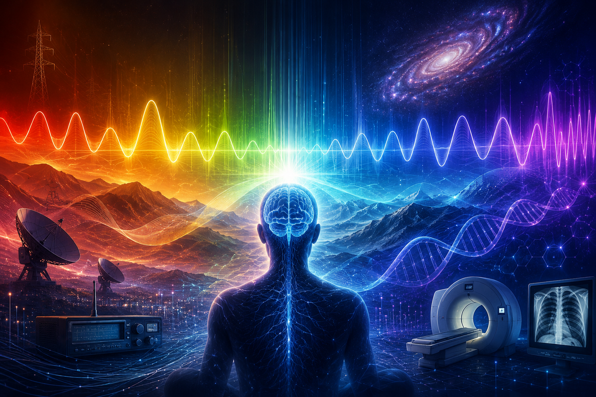 Artistic illustration representing frequency, energy, and vibration with electromagnetic waves, brain activity, radio signals, DNA, medical imaging, and the electromagnetic spectrum.