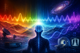 Artistic illustration representing frequency, energy, and vibration with electromagnetic waves, brain activity, radio signals, DNA, medical imaging, and the electromagnetic spectrum.