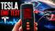 Tesla Model 3 EMF test showing an EMF meter inside a blue Tesla while the electric vehicle is plugged in and charging.