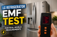 LG refrigerator EMF test showing a handheld EMF meter measuring electric and magnetic fields around a stainless steel French door refrigerator.