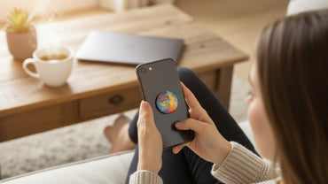 Person holding a phone with a round shield sticker at home