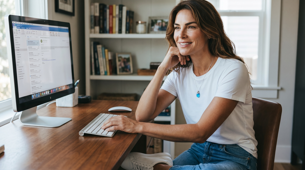 Woman working in a home office wearing an EMF Protection Necklace while using a desktop computer in a remote work environment.