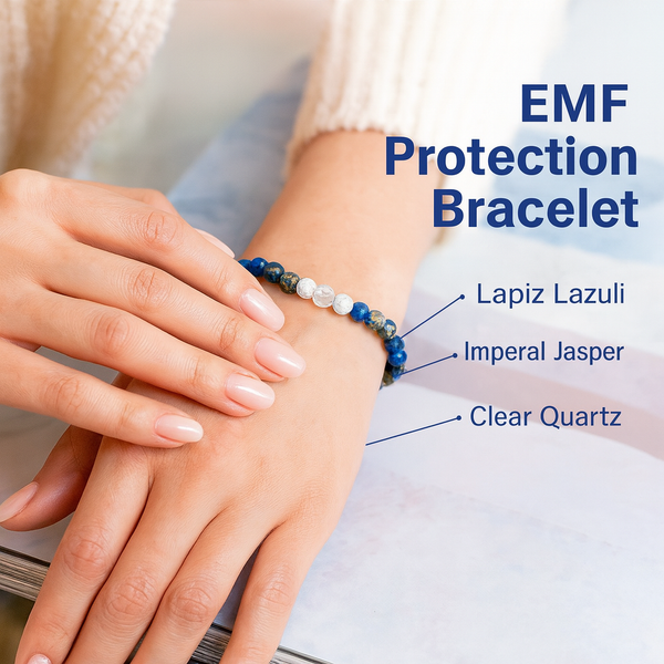 Close-up of Dark Blue EMF Protection Beaded Bracelet worn on a wrist