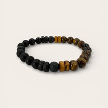 EMF men’s protection bracelet mixed design with black beads and tiger eye stones on white background