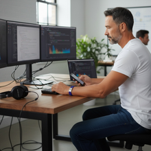 Man wearing blue EMF protection bracelet BodyBand Plus using computer and phone