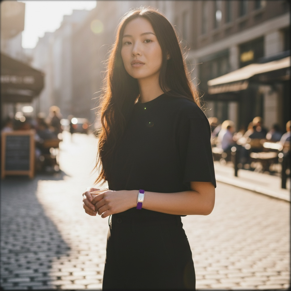 Young woman wearing purple EMF protection bracelet BodyBand Plus holding coffee