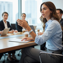 Woman wearing white EMF protection bracelet BodyBand Plus in meeting