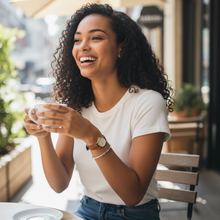 Close up woman wearing stainless steel EMF protection cuff bracelet feminine