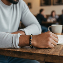 Men wearing EMF Protection Lava Bead Bracelet – Tiger Eye and lava stone design