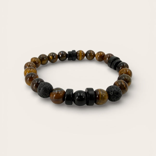 EMF Protection Men’s Lava Bead Bracelet – Tiger Eye stones and lava beads on white background