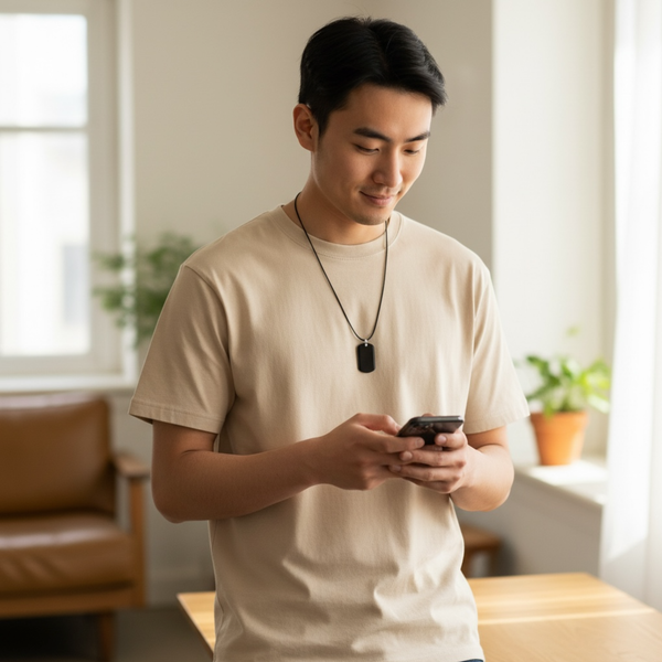 Man wearing EMF protection necklace dog tag BodyShield perfectly imperfect using phone