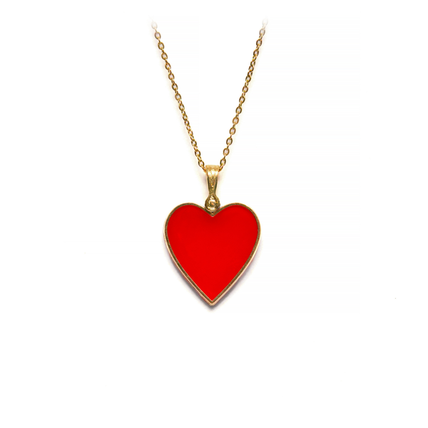 EMF protection necklace red Valentine heart pendant gold bezel on white background