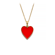 EMF protection necklace red Valentine heart pendant gold bezel on white background
