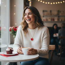 Mature woman wearing EMF protection necklace red Valentine heart pendant in cafe