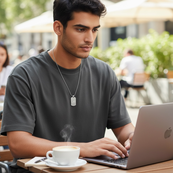 Man wearing stainless steel EMF protection dog tag necklace using laptop