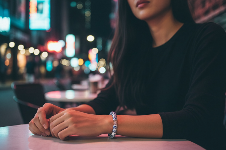 Close-up of an EMF protection beaded bracelet with blue flower beads worn during an evening lifestyle setting.