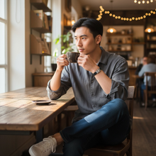 Man wearing EMF protection bracelet BodyBand Plus black drinking coffee