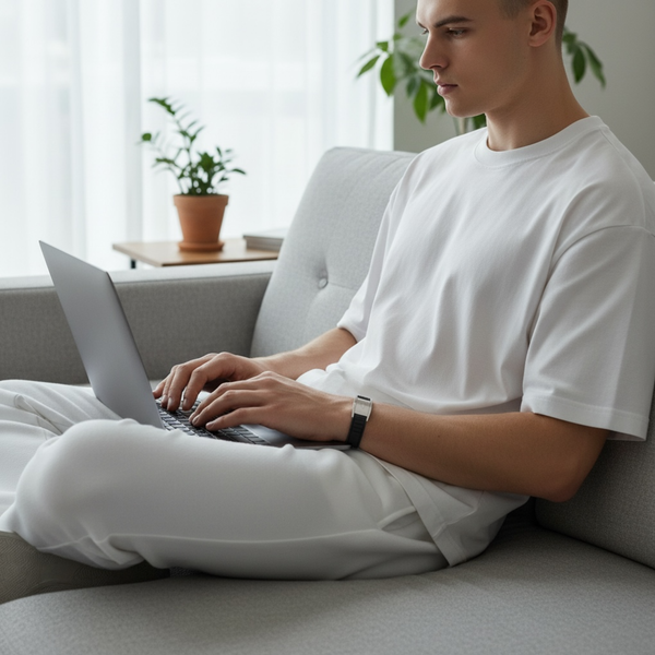 Man wearing EMF protection bracelet BodyBand Plus black working on laptop