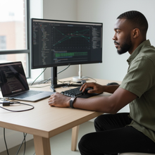 Man wearing EMF protection bracelet BodyBand Plus black at computer desk