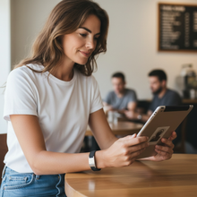 Woman wearing EMF protection bracelet BodyBand Plus black using tablet