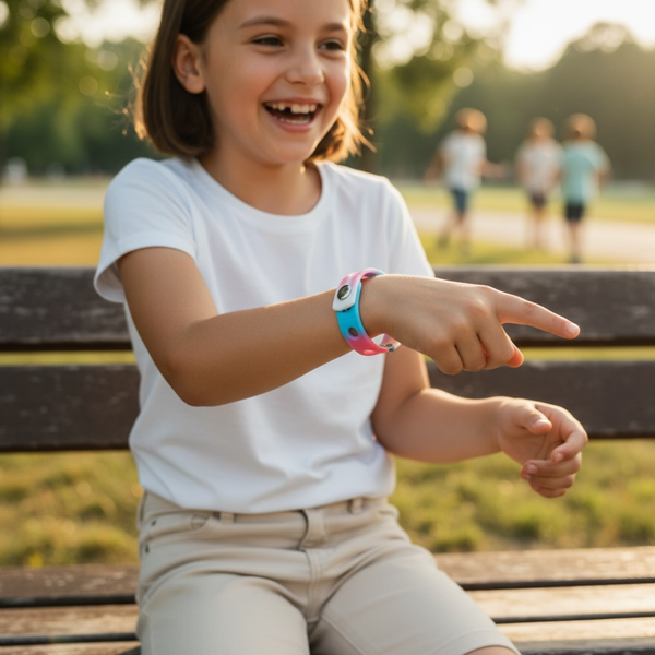Little girl wearing EMF protection bracelet for kids snap-on harmony band at park