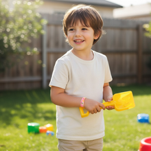 Boy wearing EMF protection bracelet for kids snap-on harmony band on playground