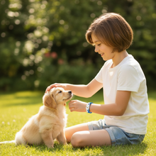 Little girl with puppy wearing EMF protection bracelet for kids snap-on harmony band