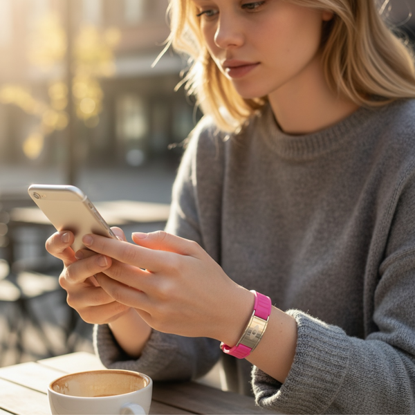 Young woman wearing pink EMF protection bracelet BodyBand Plus using phone