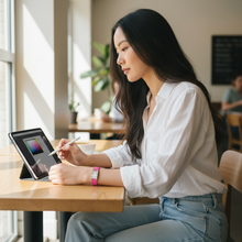 Woman wearing pink EMF protection bracelet BodyBand Plus at desk