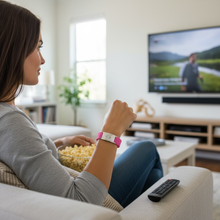 Mature woman wearing pink EMF protection bracelet BodyBand Plus watching TV