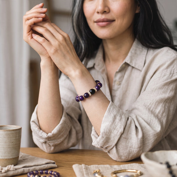 Woman wearing the Amethyst EMF Protection Beaded Bracelet indoors