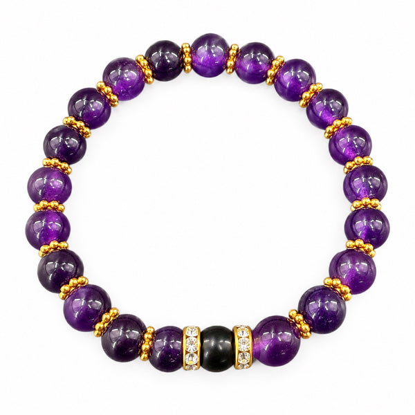 Amethyst EMF Protection Beaded Bracelet — deep violet amethyst beads with a black accent bead and gold-tone spacers