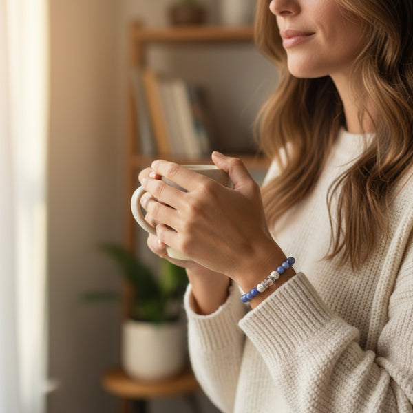 Woman wearing Azureveil EMF protection beaded bracelet with blue stones and lava beads in a calm indoor setting