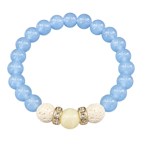Azureveil EMF protection beaded bracelet with light blue beads, white lava stones and gold crystal spacers on white background