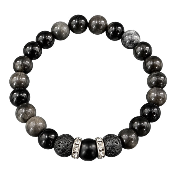 Black Marble EMF Protection Beaded Bracelet with black and grey marbled beads, black lava stones and silver crystal spacers on a white background