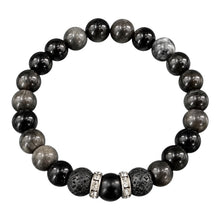 Black Marble EMF Protection Beaded Bracelet with black and grey marbled beads, black lava stones and silver crystal spacers on a white background