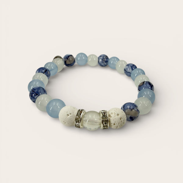 Blue Horizon EMF Protection Beaded Bracelet with blue and white natural stone beads on a clean white background