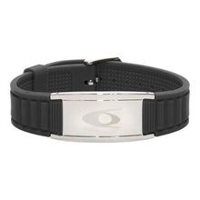 EMF Protection Bracelet: BodyBand Plus - Black: black BodyBand Plus bracelet with silver plate on white background
