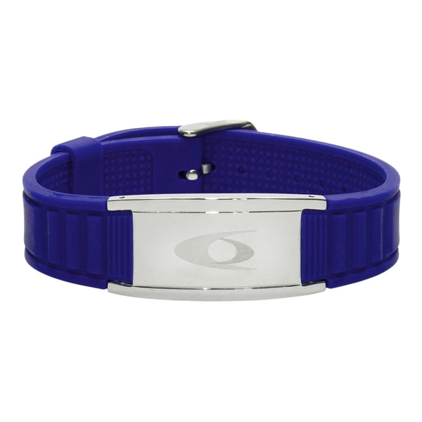 EMF Protection Bracelet: BodyBand Plus - Blue: blue BodyBand Plus bracelet with silver plate on white background