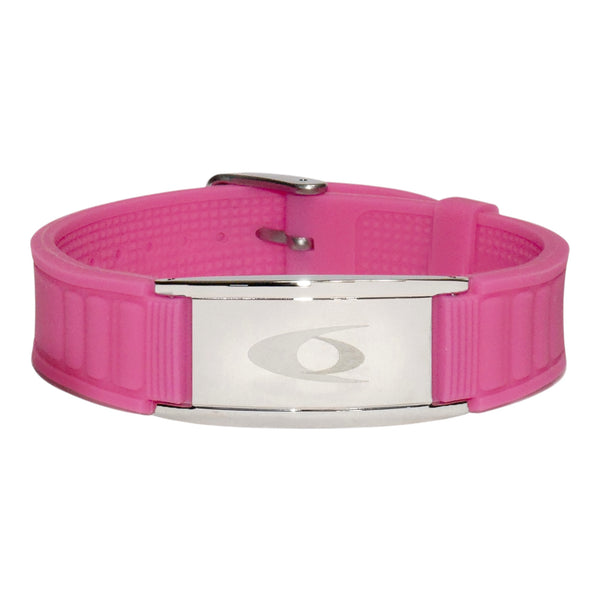 EMF Protection Bracelet: BodyBand Plus - Pink: pink BodyBand Plus bracelet with silver plate on white background