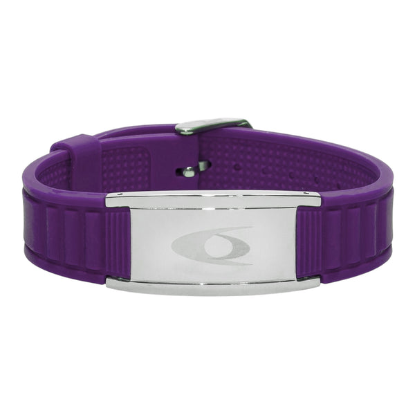 EMF Protection Bracelet: BodyBand Plus - Purple: purple BodyBand Plus bracelet with silver plate on white background