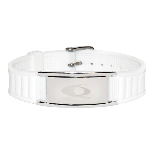 EMF Protection Bracelet: BodyBand Plus - White: white BodyBand Plus bracelet with silver plate on white background