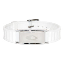EMF Protection Bracelet: BodyBand Plus - White: white BodyBand Plus bracelet with silver plate on white background