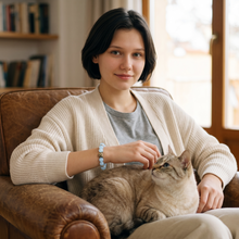 Cat owner wearing a Blue Cat Lover EMF Protection Bracelet while relaxing with her pet cat at home.