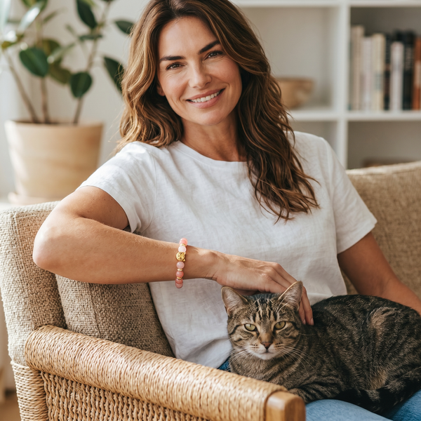 Cat owner wearing a Pink Cat Lover EMF Protection Bracelet while relaxing with her pet cat at home.