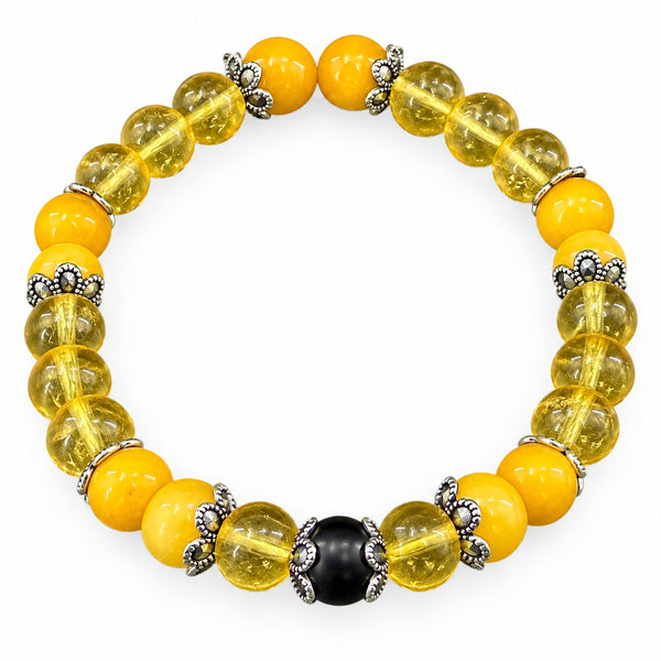 Citrine EMF Protection Beaded Bracelet — golden yellow citrine beads with translucent honey beads, black center bead and silver spacers on white background