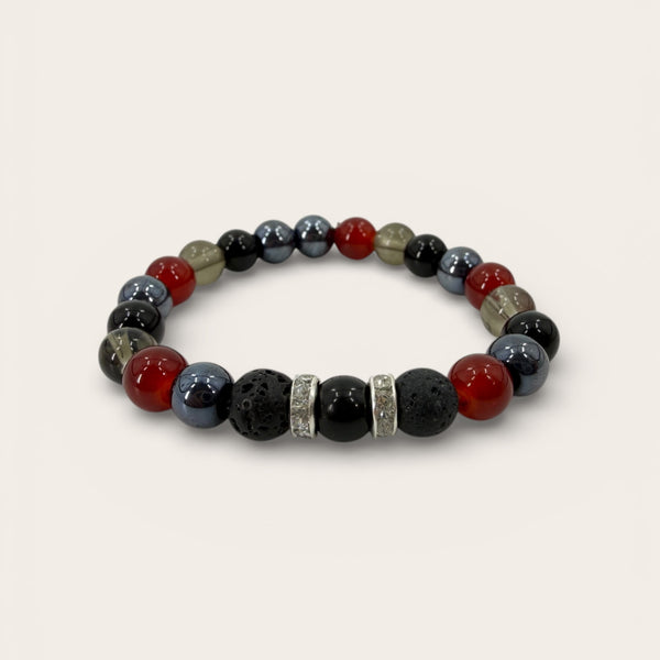Crimson Core EMF Protection Beaded Bracelet with red and black natural stone beads on white background