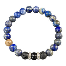 Dark Blue EMF Protection Beaded Bracelet with deep blue beads, black lava stones and gold crystal spacers on a white background