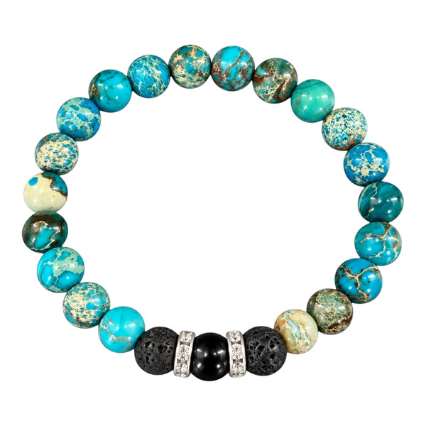 Earthy Turquoise EMF Protection Beaded Bracelet with turquoise and earth-toned beads, black lava stones and silver crystal spacers on a white background